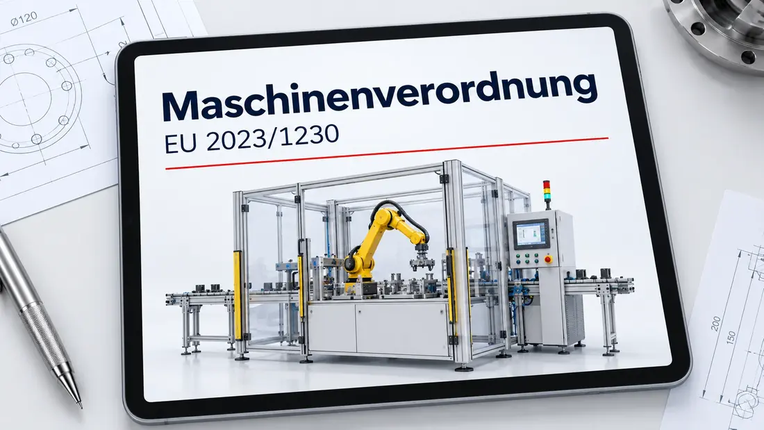 Tablet mit dem Titel Maschinenverordnung EU 2023/1230 und einer automatisierten Roboterzelle