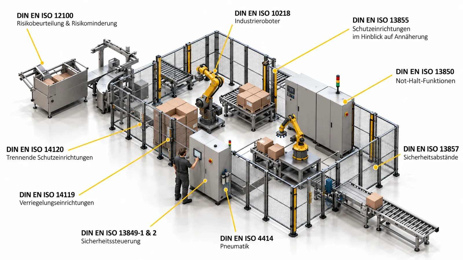 Roboteranlage mit Fördertechnik und Schutzzaun, beschriftet mit den relevanten Normen: DIN EN ISO 12100, 10218, 13855, 13850, 14120, 14119, 13849-1 und -2, 13857 und 4414