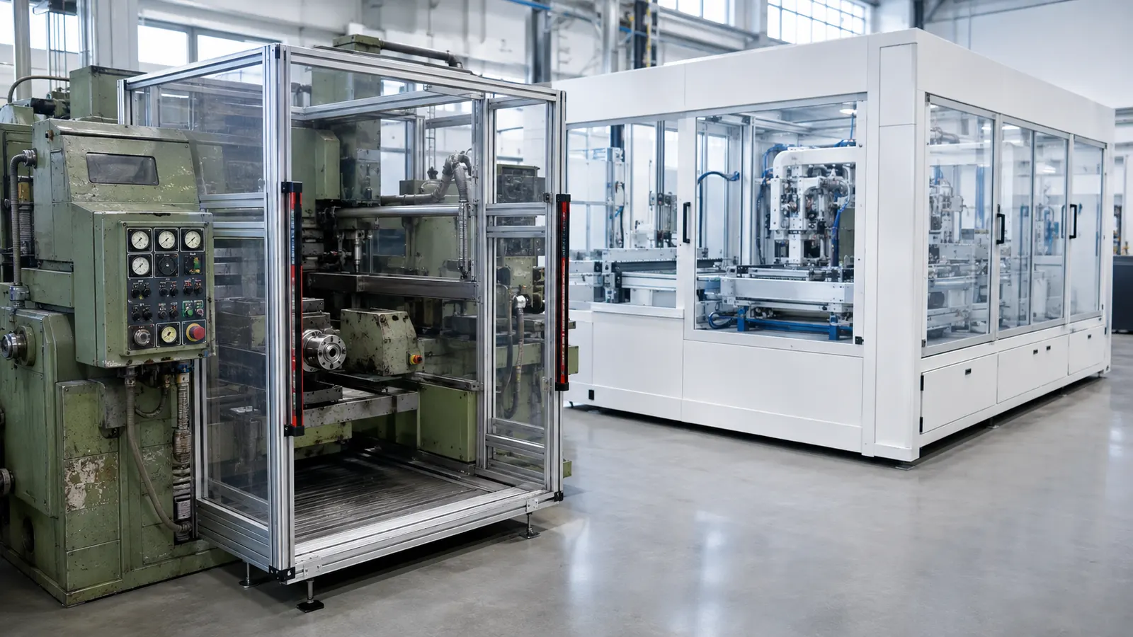Ältere Werkzeugmaschine mit nachgerüsteter Schutzeinhausung neben einer modernen Fertigungszelle, Sinnbild für Bestandsmaschinen und Nachrüstung