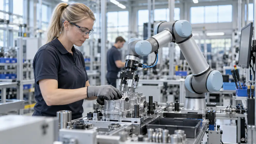 Mitarbeiterin mit Schutzbrille arbeitet an einer Montagevorrichtung unmittelbar neben einem kollaborierenden Roboterarm mit Greifer, ohne trennende Schutzeinrichtung