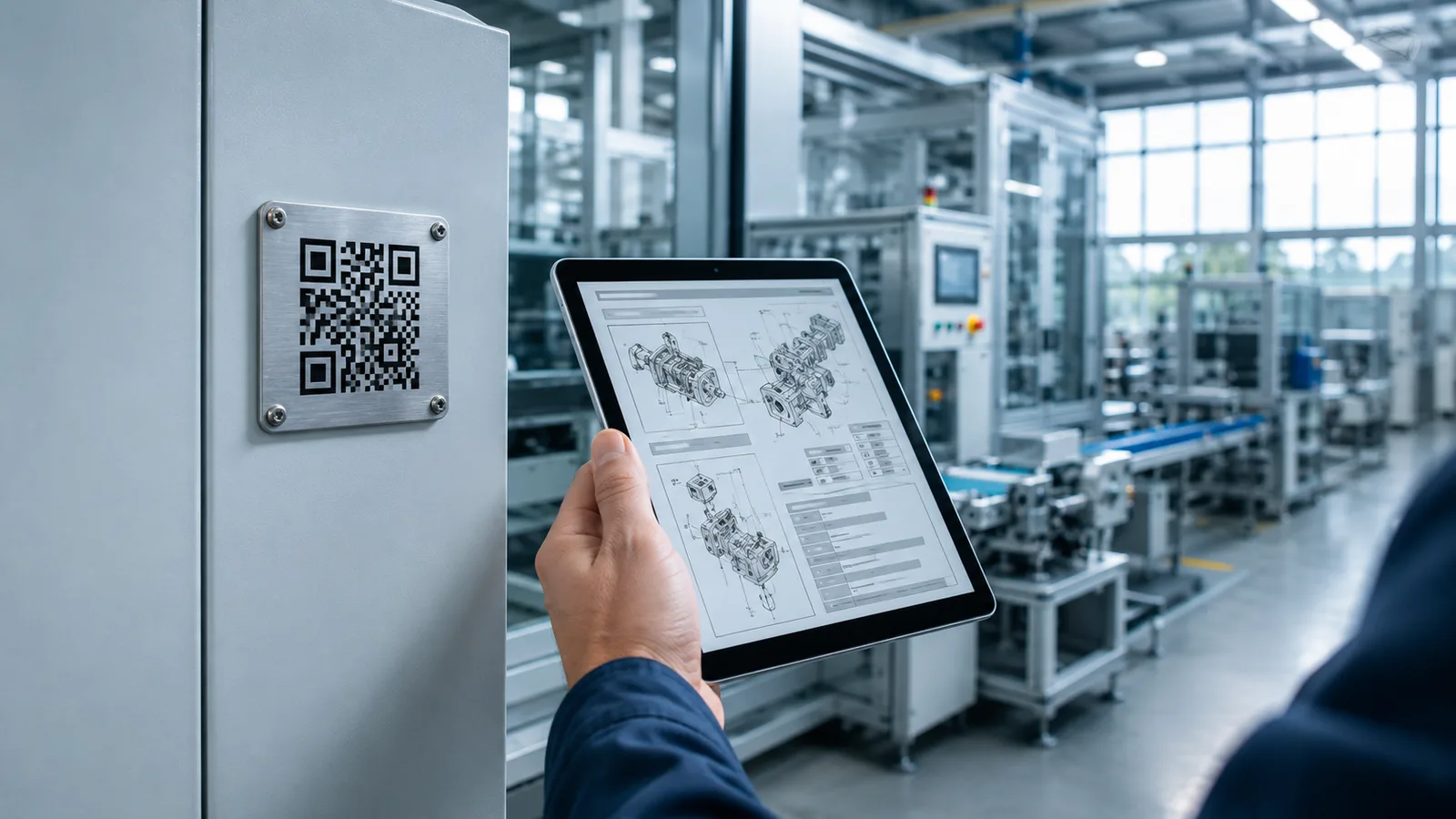 QR-Code-Schild am Gehäuse einer Industriemaschine, davor ein Tablet mit der aufgerufenen digitalen Betriebsanleitung