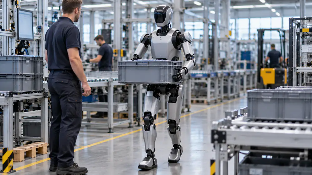 Humanoider Roboter trägt einen Behälter durch ein Logistikzentrum, ein Mitarbeiter steht im selben Verkehrsweg daneben