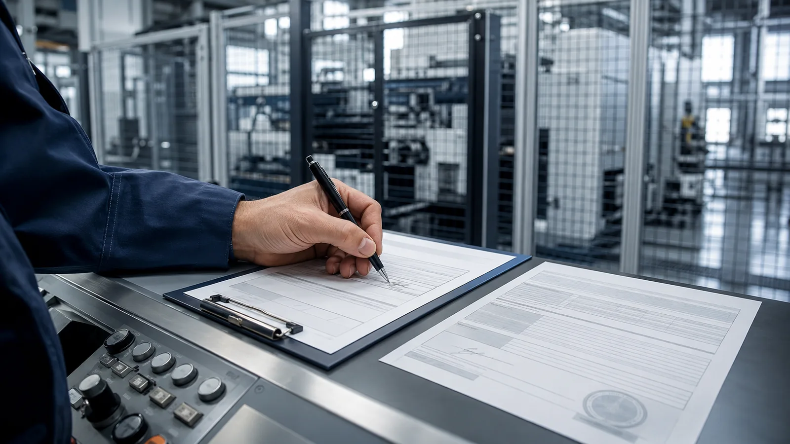 Hand unterschreibt ein Dokument auf einem Klemmbrett an einer Industriemaschine, Sinnbild für die Verantwortung des Herstellers bei der Konformitätserklärung