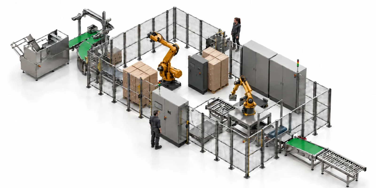 Verkettete Palettieranlage mit zwei 6-Achs-Robotern, Fördertechnik, Schaltschränken und Schutzzaun